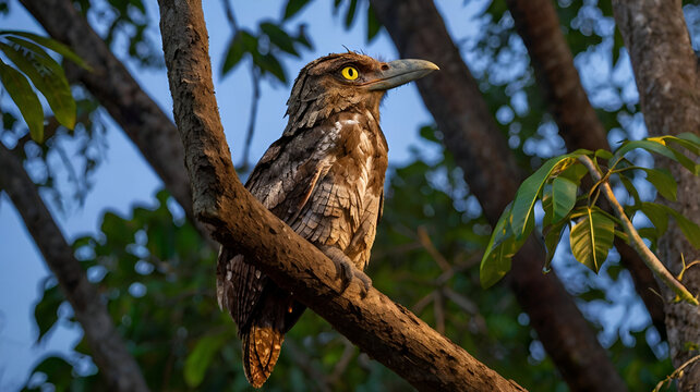 great potoo A great potoo perched motionless on a broken tree branch at dusk, perfectly camouflaged with its bark-like feathers