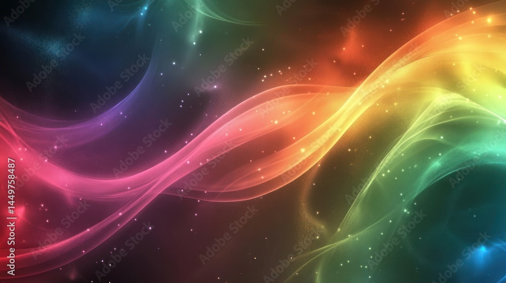 Poster colorful abstract waves in dynamic motion with particles on dark background for modern design or wal
