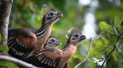 Three Hoatzin Chicks Perched on Branch, Lush Rainforest Canopy