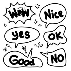 Comic speech bubbles set isolated on white background with text wow, nice, ok, yes good, no, doodle art.