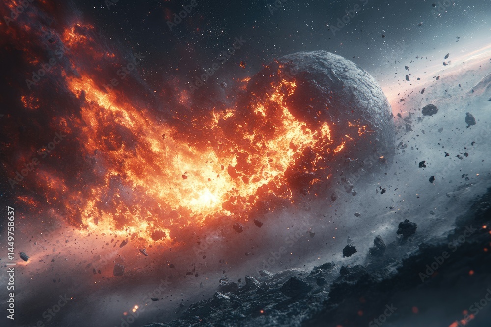 Poster Fiery cosmic collision: A celestial body explodes in a spectacular display of fire and debris in space.