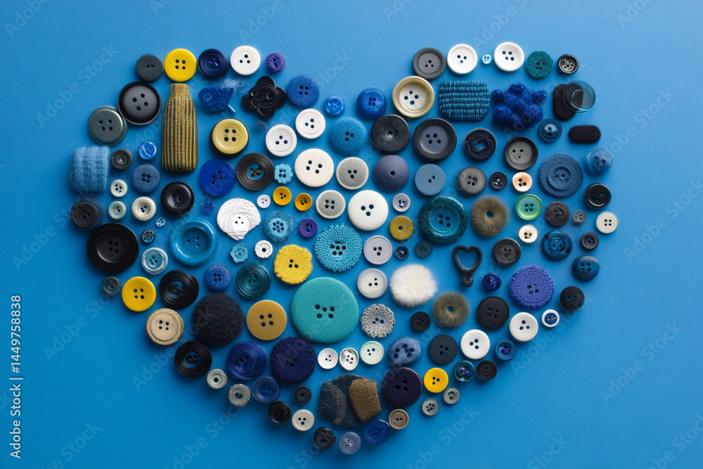 Poster heart-shaped arrangement of colorful buttons and beads creates a vibrant display on a blue backgroun