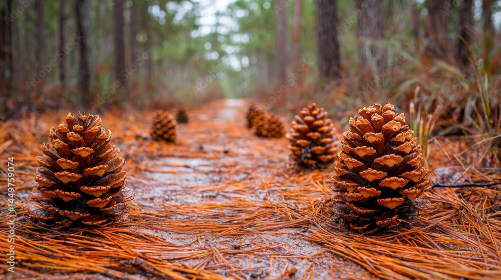 Poster pine cones line a forest path on a wet day.