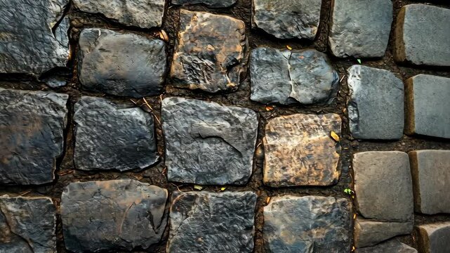 Wet, dark cobblestone pavement texture; irregular, grey-brown stones set in dark mortar