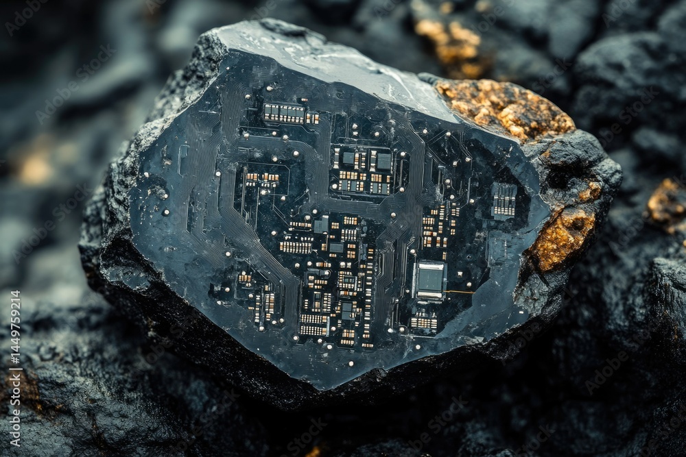 Poster A circuit board embedded in a dark rock, symbolizing the raw materials and complex technology behind electronics.