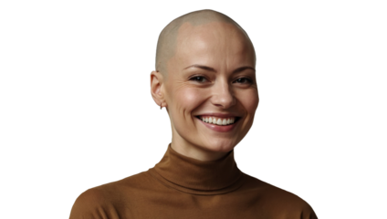 Smiling bald woman in brown turtleneck sweater