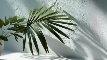 Fan-shaped palm leaf casting shadows on white wall in tropical setting