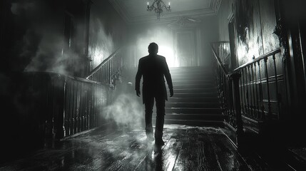 A shadowy figure ascending a grand staircase in a dark mansion.