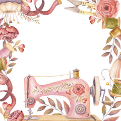 Square frame with watercolor sewing machine and copy space. Hand drawn vintage floral template with measuring tape and thread spool. Perfect for tailor logo and romantic card and invitation design.