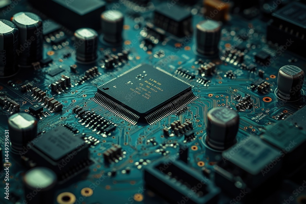 Poster Close-up of a circuit board showcasing intricate electronic components and complex circuitry.