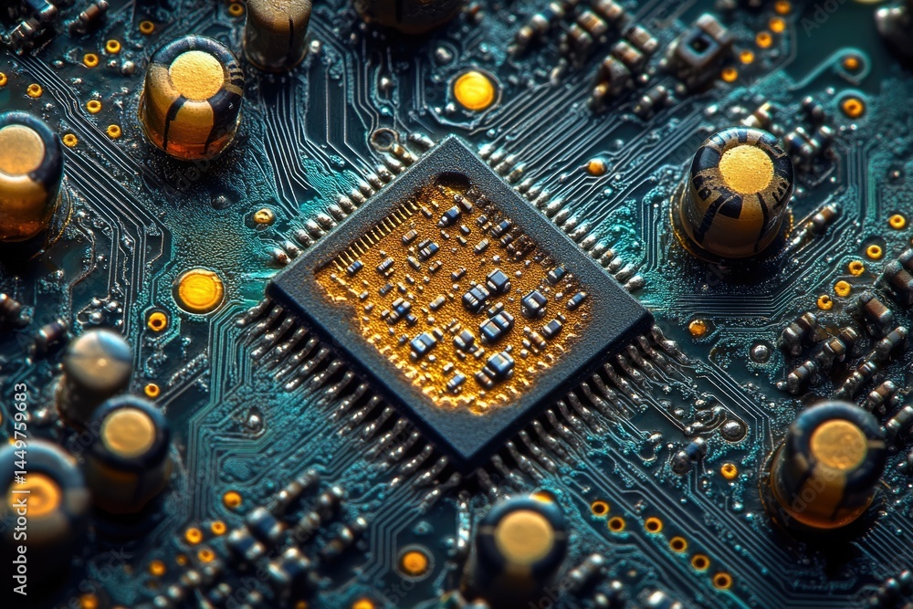 Aufkleber Close-up of a circuit board showcasing intricate microchip and components.