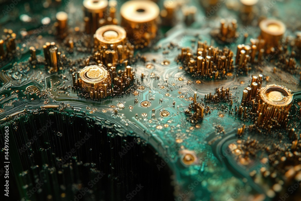 Poster close-up of a futuristic circuit board with golden components, resembling a miniature city.