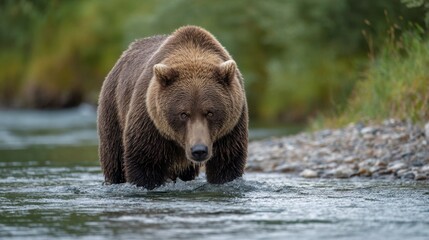 Grizzly Bear Crossing Shallow River, Alaskan Wilderness