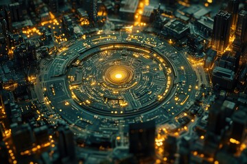 Fototapeta premium Futuristic city with a glowing central technological hub, showcasing advanced architecture and urban design.