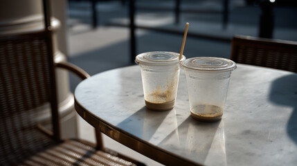 Empty iced coffee cups on a marble café table