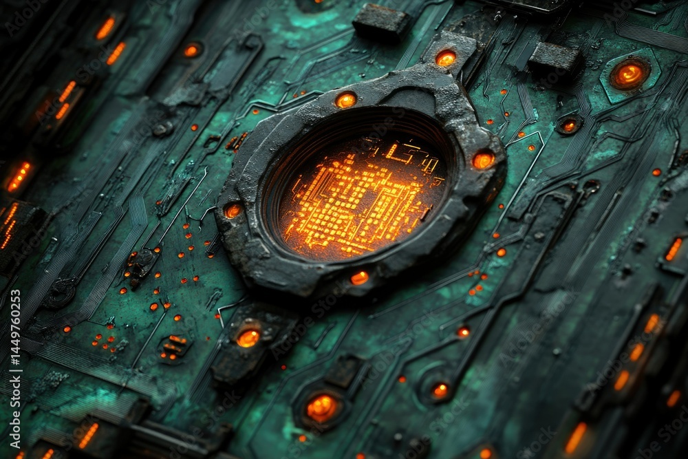 Poster A close-up of a futuristic, weathered circuit board with glowing orange components, showcasing intricate details and a central processing unit.