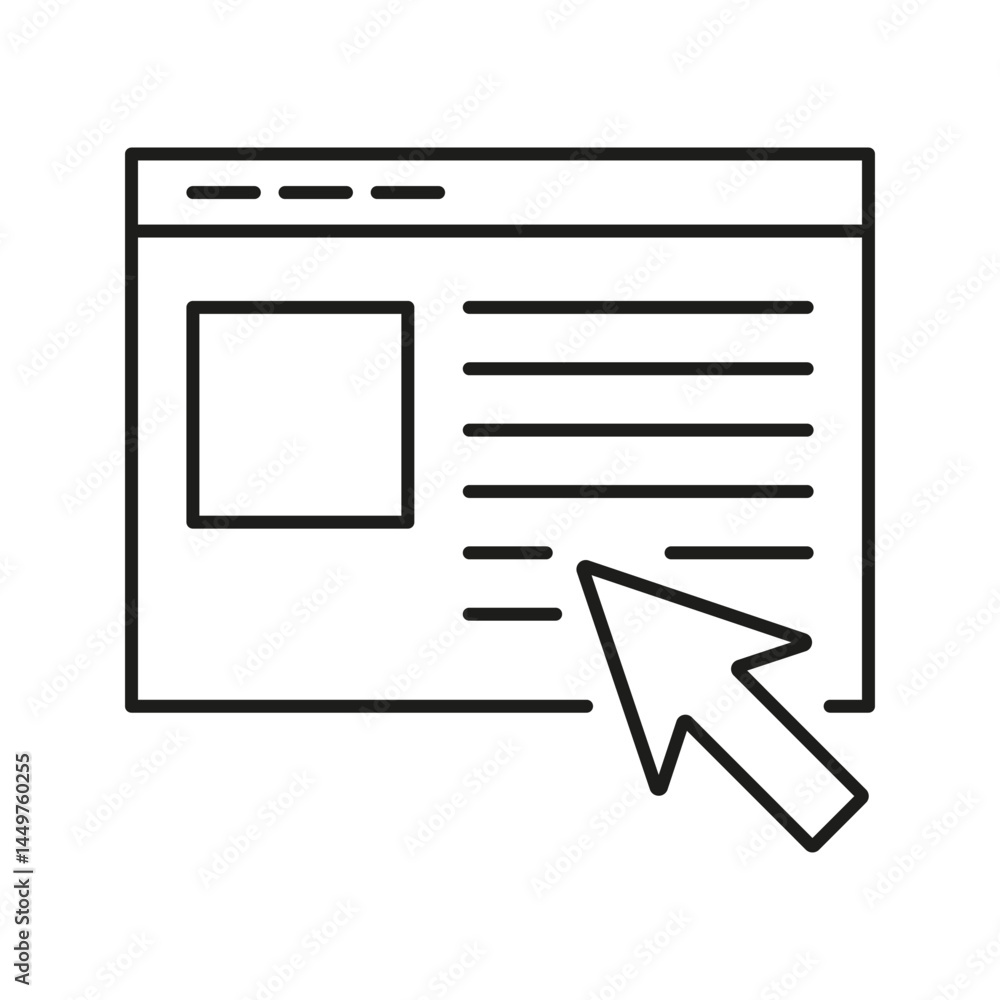 Poster webpage interface with cursor line icon. user interaction, navigation, and online browsing outline s
