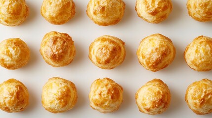 Top down image of freshly baked French gougres arranged rows white background savory cheese puffs made choux dough perfect appetizer from Burgundy France cut out on isolated transparent background