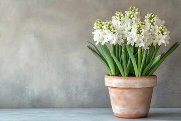 Delicate white hyacinths in a terracotta pot against a textured grey wall soft light peaceful spring scene
