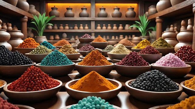 A vibrant display of colorful spices in traditional clay bowls arranged on wooden shelves, with an array of natural spices like turmeric, black pepper, and others.

