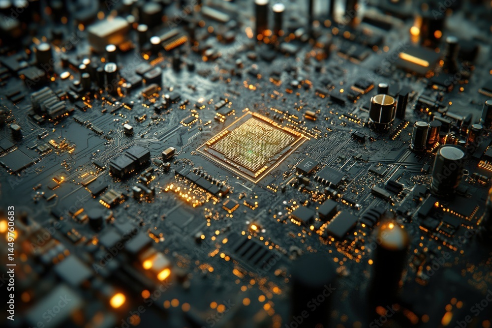 Poster Close-up of a circuit board showcasing intricate electronic components and a central processor.