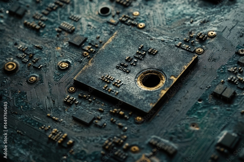 Poster Close-up of a weathered circuit board showcasing intricate electronic components and a CPU socket.