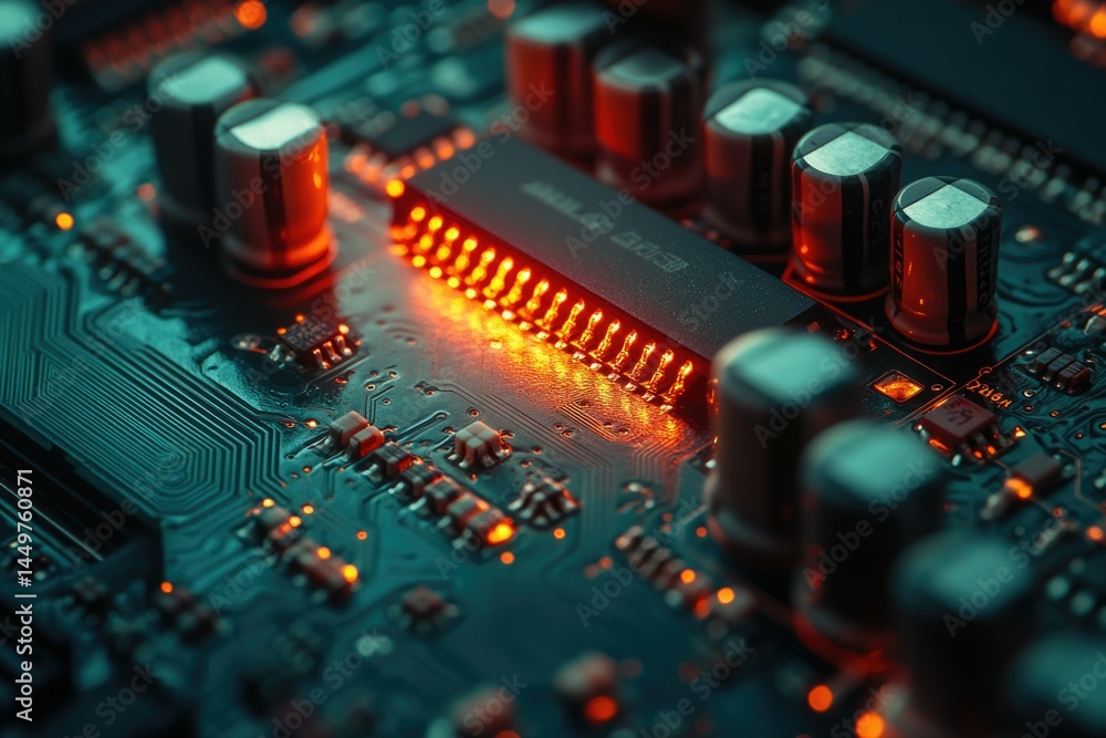 Leinwandbilder Close-up of illuminated circuit board showcasing intricate electronic components and pathways.