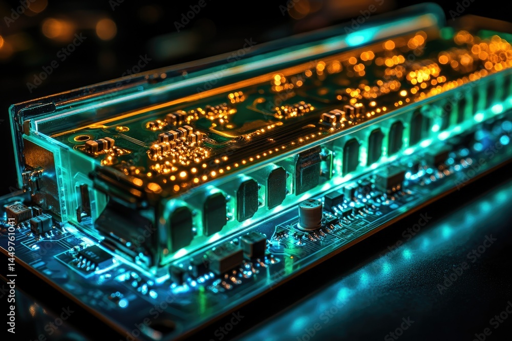 Poster Close-up of illuminated circuit board showcasing intricate electronic components and connections.