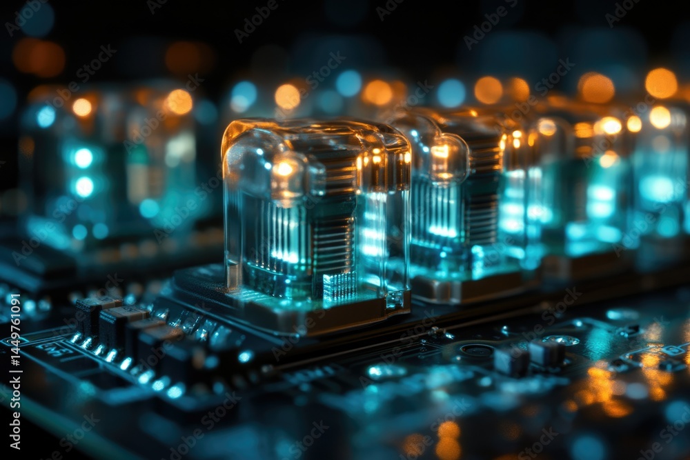 Aufkleber Close-up of illuminated Nixie tubes on a circuit board, showcasing intricate electronic components.