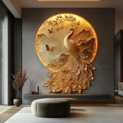 Golden peacock wall art in modern living room