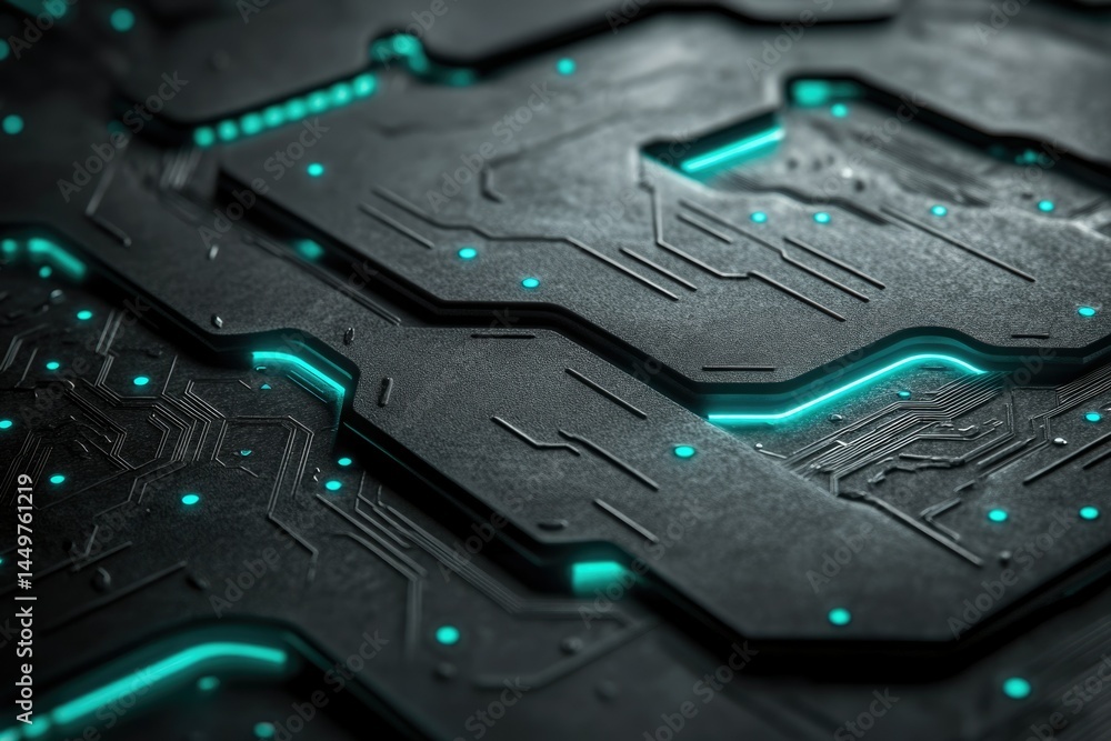 Poster abstract close-up of a futuristic circuit board with glowing teal lines, showcasing technological ad