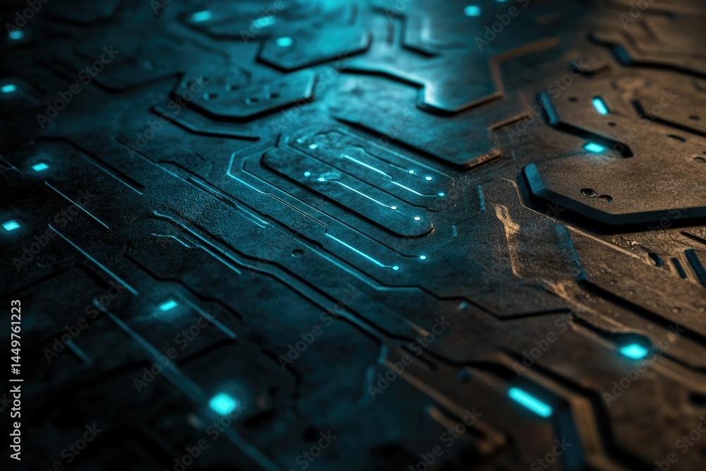 Poster close-up of a futuristic dark metallic surface with glowing teal circuit lines.