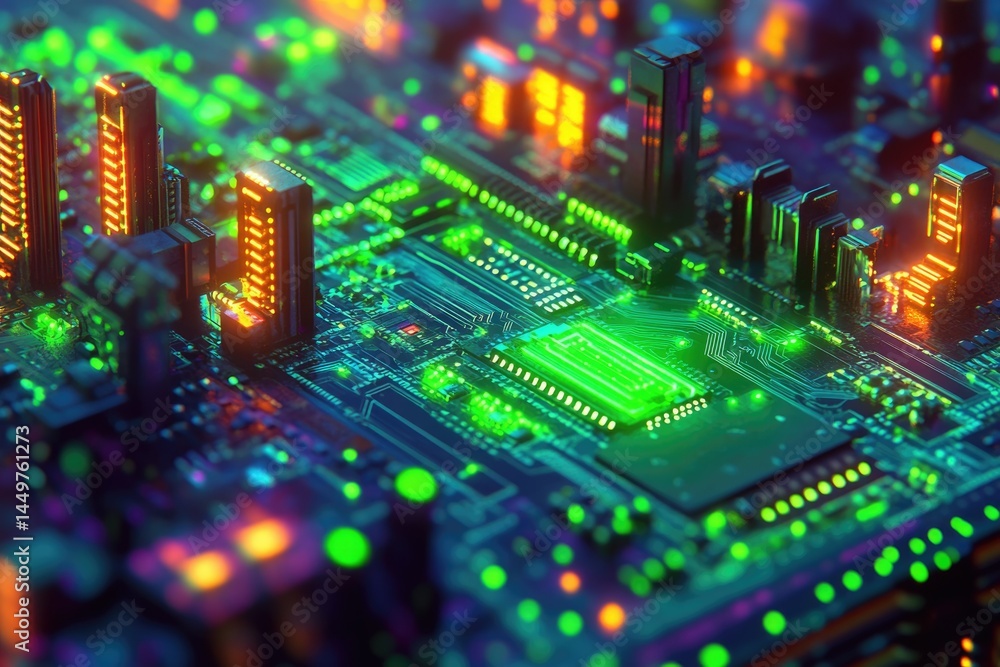 Poster a futuristic cityscape visualized on a vibrant, glowing circuit board, representing technological ad