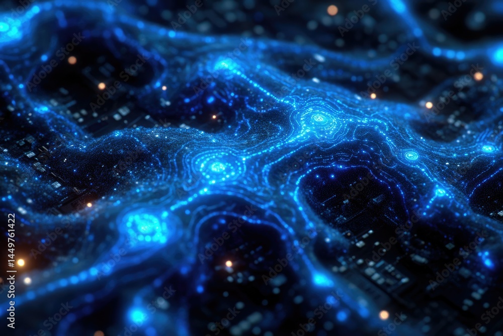 Poster Abstract digital landscape of glowing blue data streams and nodes, representing complex information flow.