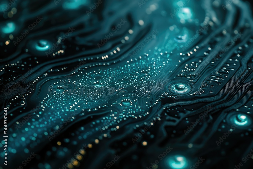 Poster Close-up of a circuit board with water droplets, showcasing intricate electronic pathways and glowing components.
