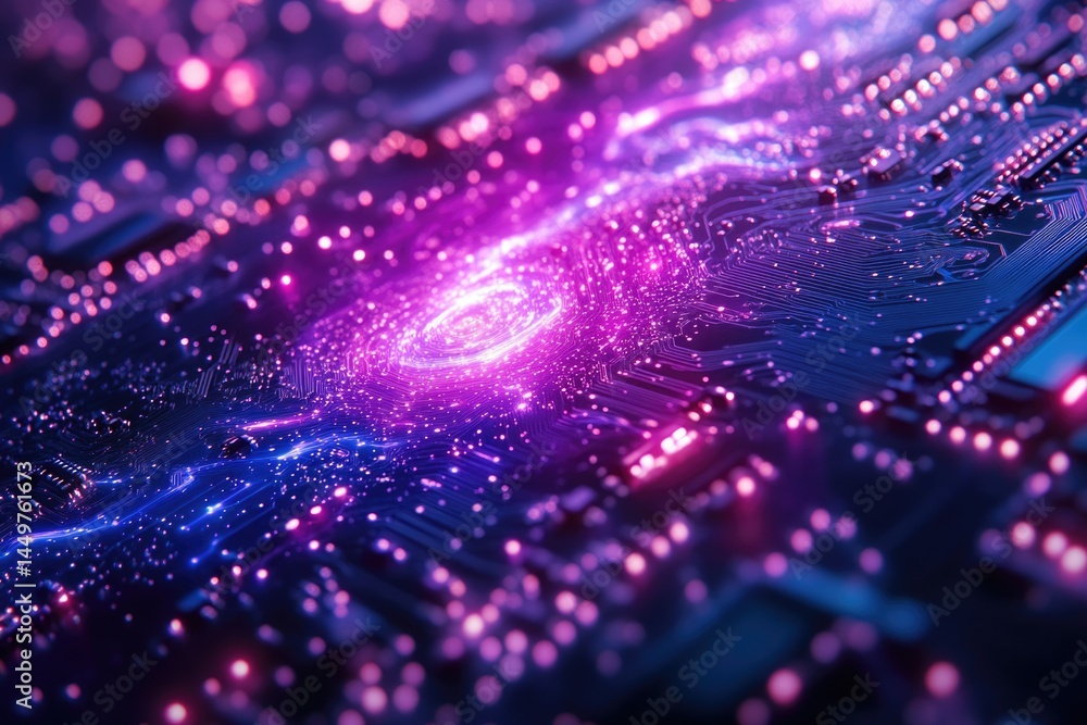 Poster abstract close-up of a circuit board glowing with vibrant pink and blue light, showcasing intricate 