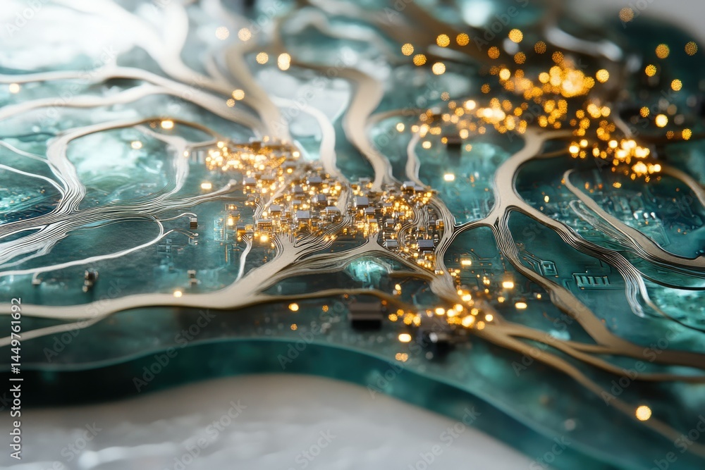 Aufkleber abstract artwork depicting a futuristic city embedded within a translucent, river-like circuit board