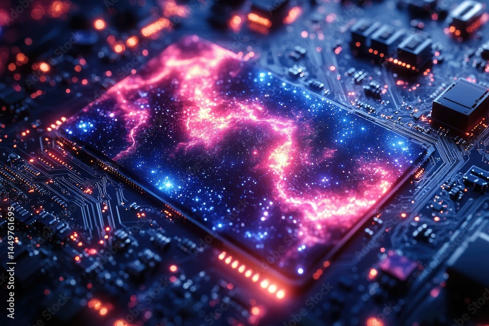 Poster A cosmic nebula displayed on a computer circuit board, symbolizing the vastness of data and processing power.