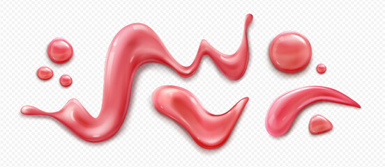 Strawberry jam sauce or syrup realistic splashes and drops set. Flowing liquid fruit topping in red color, jelly elements of various shapes with gooey consistency. Melted berry preserve blob and drip