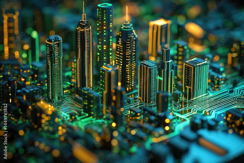 Aufkleber a futuristic city built on a circuit board, symbolizing technological integration and urban developm