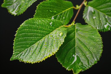 Close up of fresh leaves covered in dew drops.