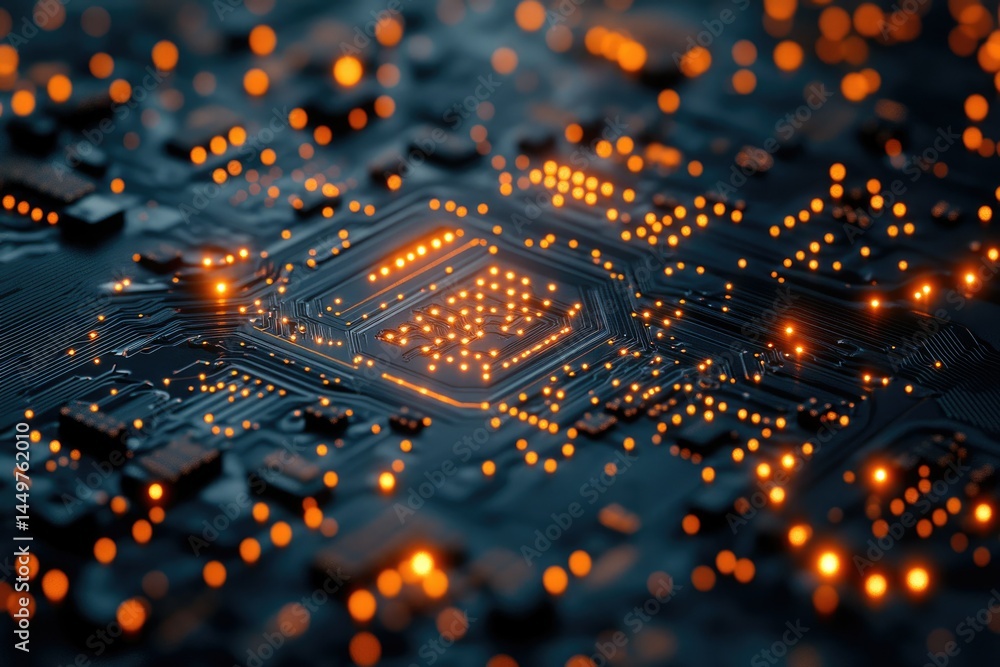 Poster close-up of a circuit board with glowing components, showcasing intricate technological details.
