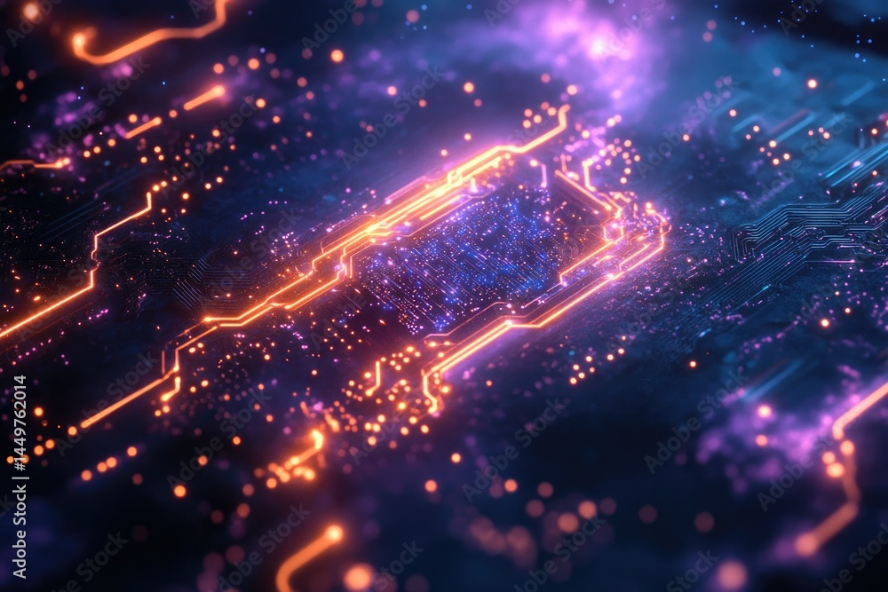 Poster abstract digital artwork depicting glowing circuit board pathways, representing technological innova