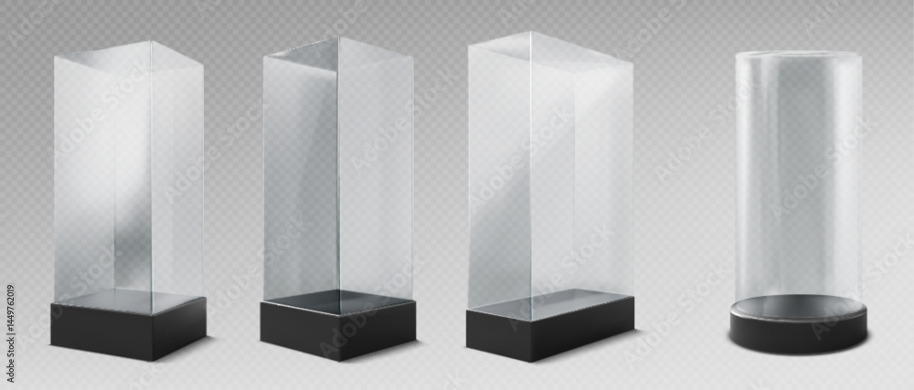Aufkleber glass museum display cases of varying heights and shape for exhibit. rectangular and cylindrical tra