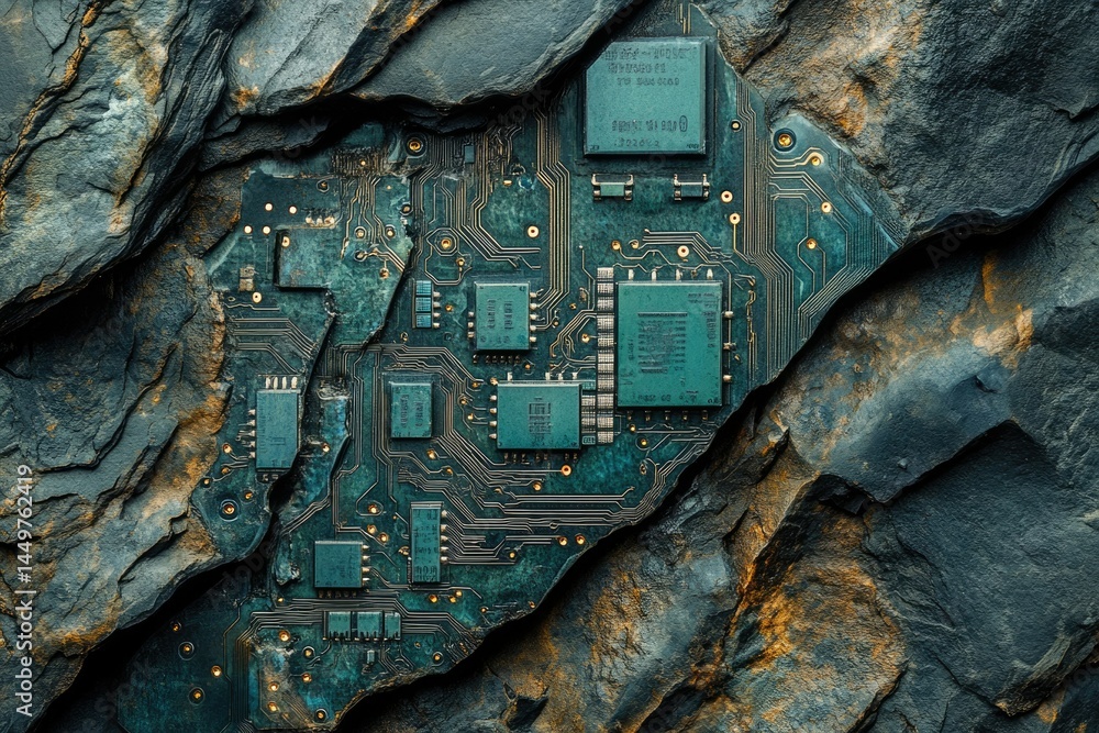 Aufkleber a weathered circuit board rests on a rugged, dark stone surface, representing the contrast between t