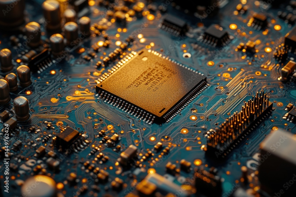 Poster Close-up of a circuit board showcasing intricate electronic components and pathways.