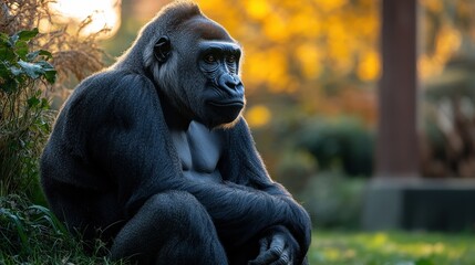 Fototapeta premium A large primate in a contemplative posture against a backdrop of autumnal foliage.