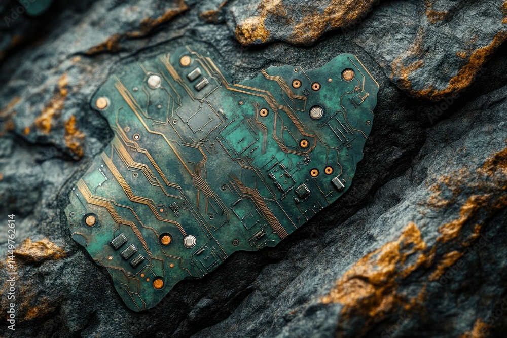 Poster A weathered circuit board, reminiscent of ancient technology, rests embedded within a rough, rocky surface.