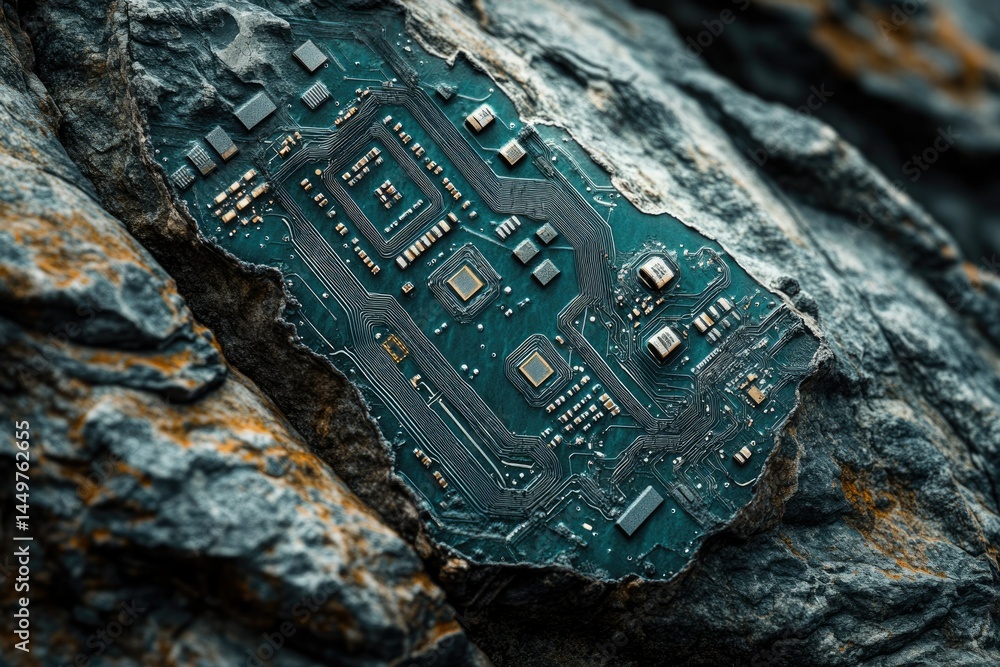 Poster A circuit board embedded in a rough rock, symbolizing the raw materials and technology's connection to nature.