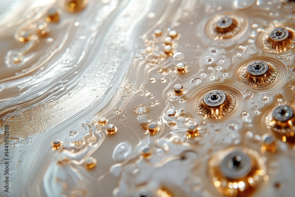 Poster close-up of intricate gold and silver circuitry, resembling a complex technological marvel.